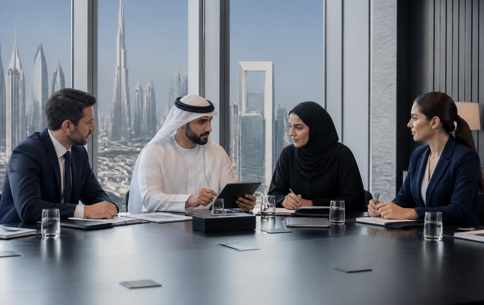 Corporate team reviewing operational performance in a Dubai office