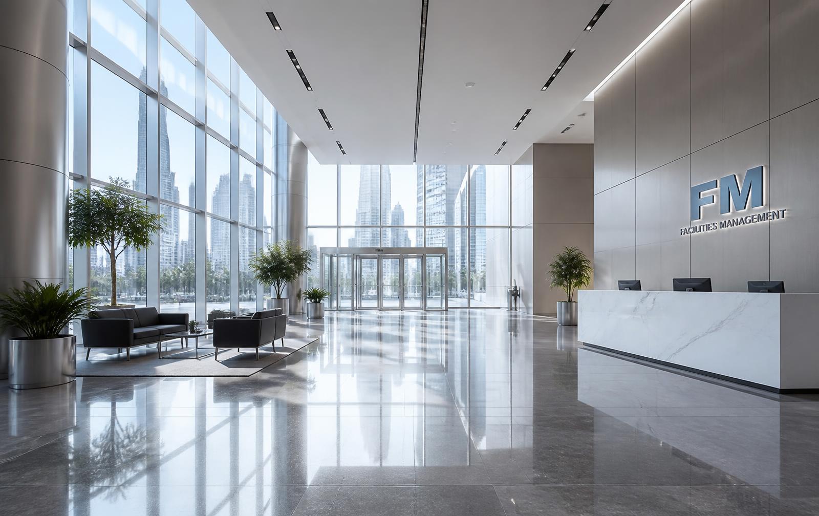 Modern commercial building lobby maintained to a corporate standard
